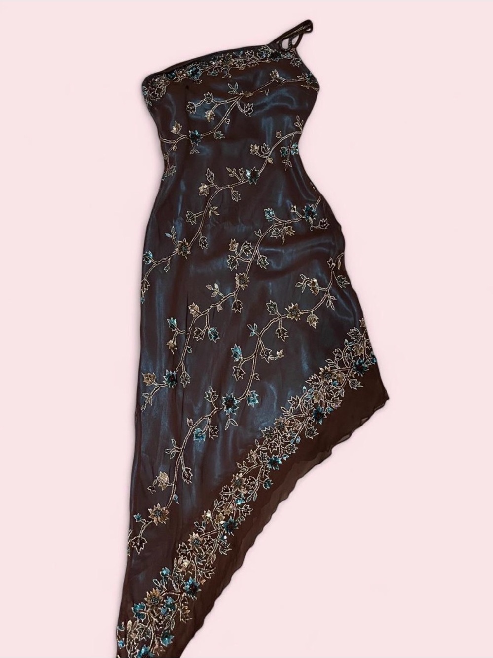 Scala Asymmetrical One-Shoulder Embroidered Dress in Brown with Blue Accents
